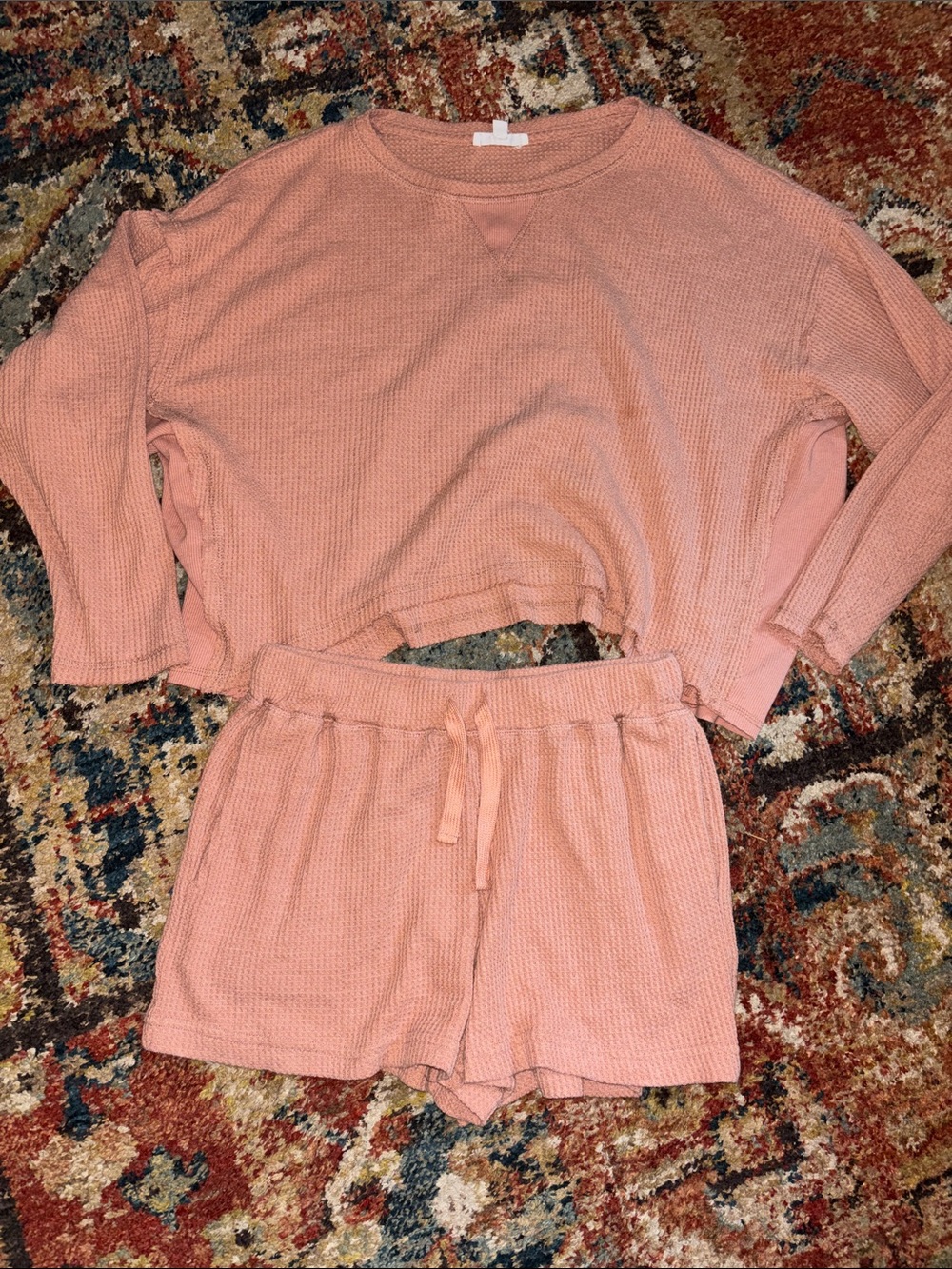 Olive & Oak Waffle Knit Loungewear Set in Dusty Peach